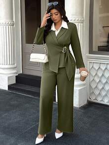 Easura 大码简约商务西装外套和裤子套装 - 軍綠色 - 查看 7