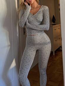 Dazy Tall 女士V领长袖修身印花上衣和紧身裤两件套休闲套装 - 粉色 - 查看 5