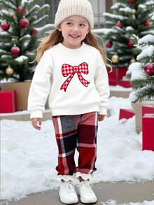 SHEIN Baby Bow Decor Top & Plaid Pants Set Fall Winter - Multicolor - View 4