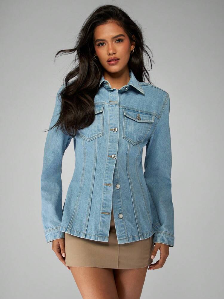 MISSGUIDED Chaqueta vaquera de algodón con cintura ceñida, abotonada, con cuello ajustado, estilo western, de manga larga, lavado claro, para primavera y otoño, prenda exterior, moda clásica y esencial