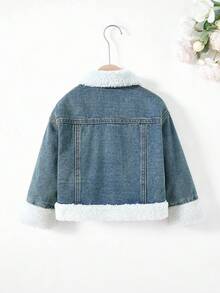 Young Girl' Blue Denim Fleece Lined Loose Fit Long Sleeve Short Jacket,Adding Fleece And Thickening For Warmth   Jacket Fall Winter