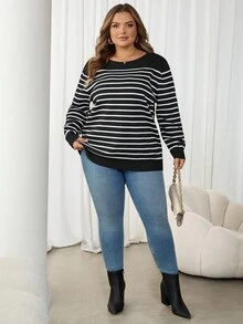 SHEIN CURVE+ 大码女式条纹圆领长袖休闲毛衣，秋冬针织上衣 - 黑與白 - 查看 6