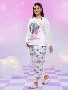 My Little Pony X SHEIN Plus Size Cute Horse Print Round Neck Long Sleeve Top And Pants Pajama Set, Autumn, Cozy Outfit, Fall Winter Clothes - Multicolor - View 3