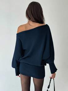 Aloruh Y2K Style Versatile Asymmetric Shoulder Long Sleeve Fitted Waist Bodycon Sweater Dress, Casual/Commute, Vintage American Aesthetic In Fall/Winter,Cozy Fall And Winter Clothes For Women