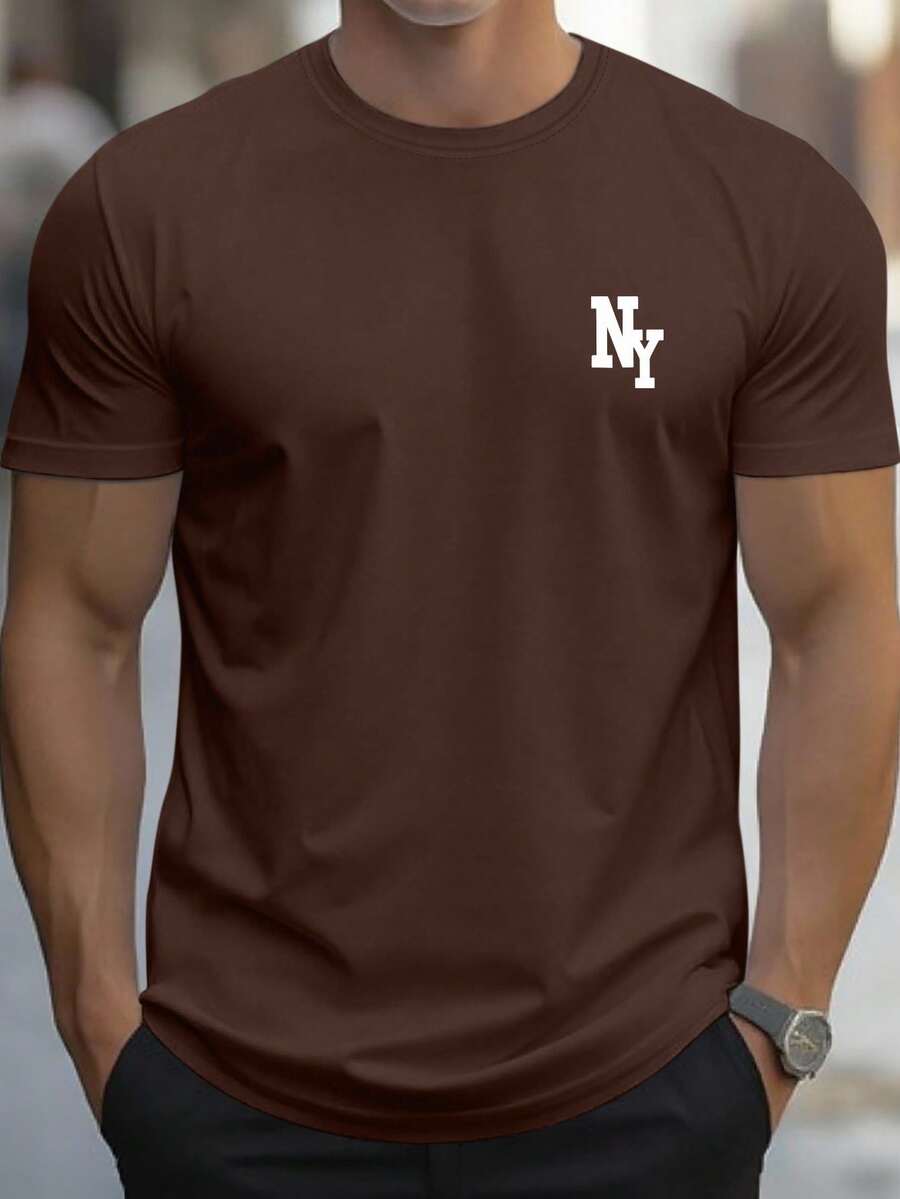 Manfinity Homme Áo thun nam cổ tròn tay ngắn in chữ đa năng thường ngày - màu nâu - Xem 1