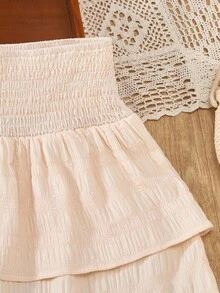 Tween 女童褶皱腰双荷叶边下摆半身裙，甜美优雅，高腰设计，褶皱细节，双荷叶边下摆，柔软 - 杏色 - 查看 3