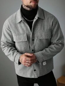 Manfinity Homme Mantel Pria Warna Polos Lengan Panjang dengan Saku Serbaguna, Kancing Depan, Kasual, Abu-abu, Gaya Klasik, Musim Gugur/Musim Dingin - Grey - View 5