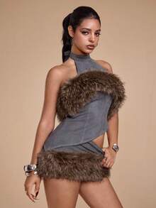 ROMWE Grunge Punk Women's Y2K Suede Patchwork Faux Fur Collar Vintage Distressed Top - Dark Grey - View 8