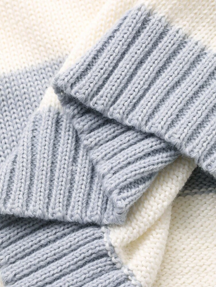 Young Girl Striped Drop Shoulder Long Sleeve Button Half Placket Casual Hooded Sweater, Autumn/Winter