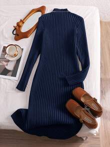 SHEIN Essnce Váy len co giãn thoải mái, cổ đứng cỡ lớn, vừa vặn - Xanh đậm - Xem 2