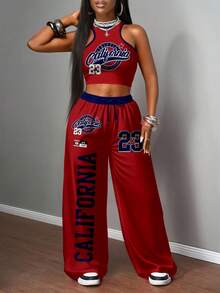 Slaydiva Bộ 2 món đồ thời trang đường phố đơn giản cho nữ, áo hai dây bó sát và quần ống rộng, phù hợp mặc dạo phố - Nhiều màu - Xem 3