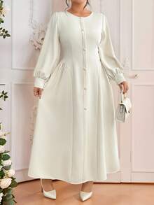 SHEIN Clasi Đầm dài tay cổ tròn ve giả thời trang mới tối giản cho nữ, thanh lịch - Màu be - Xem 9