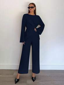 Siren Gaze Damen Einfarbige Bluse mit rundem Ausschnitt, Kreuzdetail und asymmetrischem Saum, Langarm - Blau - Übersicht 5