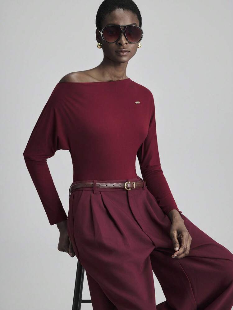 2025 Women's Autumn Burgundy Elegant Office Top,Asymmetrical Shoulder Soft Knit Long Sleeve Fitted Shirt,Business Casual Minimalist Designer Piece