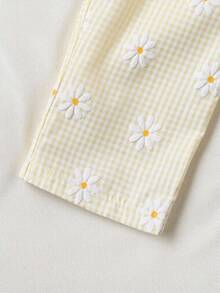 SHEIN Vintaside Kids 女婴两件套，蓝白条纹花卉印花无袖上衣搭配同色裤子，清新乡村风，适合海滩度假、公园郊游、日常穿着 - 杏色 - 查看 5