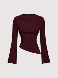 SHEIN MOD Crew Neck Ruched Flare Sleeve Cinched Waist Asymmetric Hem Burgundy Versatile T-Shirt,Red Top,Fall,Fall Clothes For Women