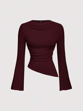 SHEIN MOD Crew Neck Ruched Flare Sleeve Cinched Waist Asymmetric Hem Burgundy Versatile T-Shirt,Red Top,Fall,Fall Clothes For Women