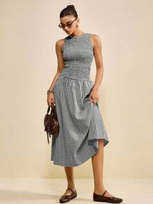 Muvela 女士格子连衣裙，夏季休闲格纹无袖长裙，百搭复古学院风，适合毕业典礼、办公室、正式场合、优雅都市通勤、日常休闲、浪漫90年代复古风、女士派对礼服，时尚百搭，简约百搭，适合婚礼宾客、伴娘、女主人、外出、社交、约会、派对、音乐会、毕业典礼、早午餐、下午茶、机场穿搭 - 黑與白 - 查看 6