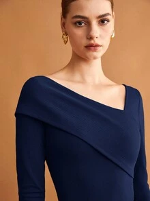 BizChic 海军蓝不对称剪裁不对称肩部设计女式T恤，现代优雅都市通勤日常百搭浪漫90年代复古风，适合圣诞节、新年、情人节、派对、海滩、毕业典礼、时尚、嘉年华、假日、婚礼宾客、早午餐、机场等多种场合。 - 藏蓝色 - 查看 8