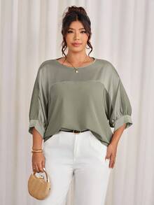 Cravure Plus Size Round Neck 3/4 Sleeve Foil Fabric Patchwork Contrast Color Woven Fabric Cuff Raglan Sleeve Casual Outgoing Holiday Commute Party Pullover Shirt - Green - View 3