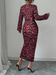 Elenzga Deep V-Neck Ruched Long Sleeve Elastic Cuff Split Hem Bodycon Dress Maxi Women Outfit - Burgundy - View 2
