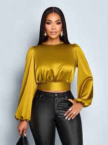 SOLERSUN 女士时尚灯笼袖系带缎面衬衫收腰衬衫，冬季服装，秋季，优雅，日常通勤，外出，休闲