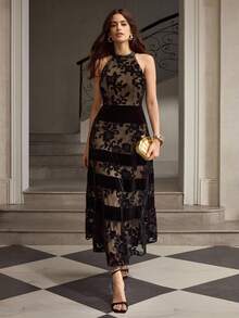 ZEYLAH Velvet & Lace Patchwork Cinching Waist Dress, Autumn/Winter - Black - View 3