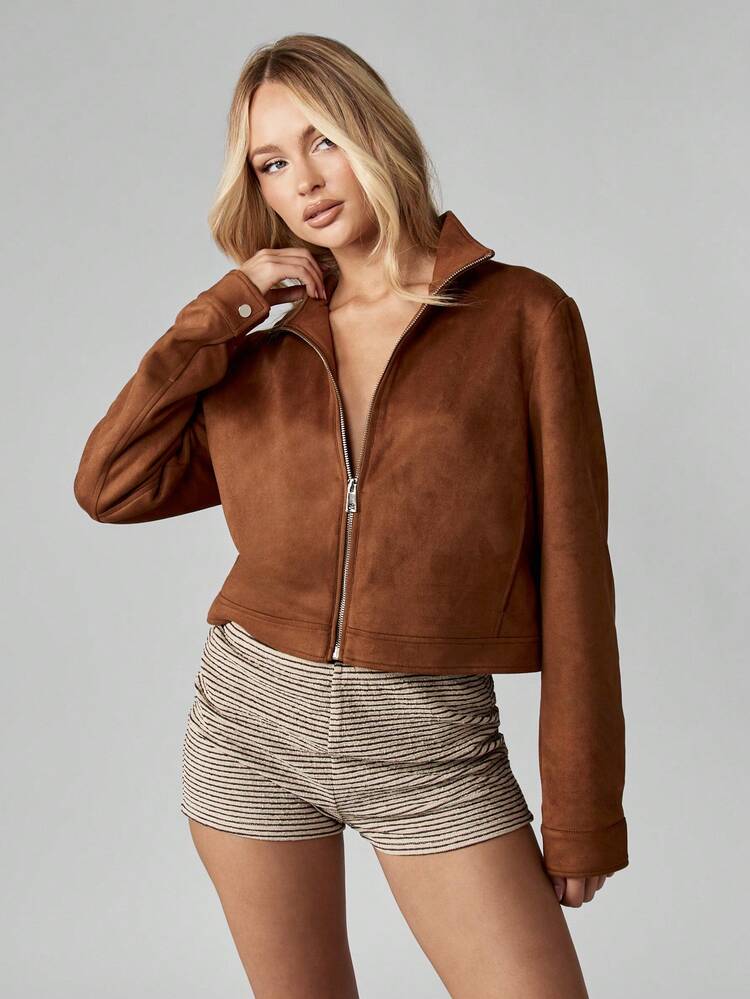 MISSGUIDED 仿麂皮短款飞行员夹克立领全拉链秋冬时尚短款外套带侧袋 - 棕色 - 查看 3