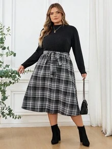 SHEIN CURVE+ Plus Size Women's Elegant Patchwork Plaid Hem Long Sleeve Dress, Suitable For Office Wear, Winter,Fall Clothes For Women/Autumn /Winter