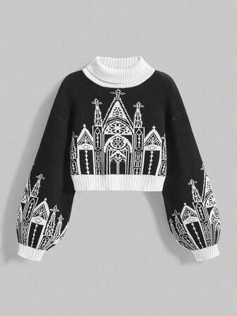 Goth Gotischer, dunkler Halloween Damen Pullover mit hohem Kragen, Schloss-Kreuz-Motiv und Laternenärmeln