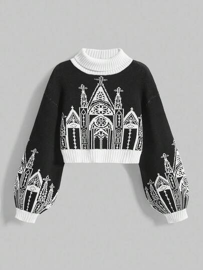 Gothic Dark Halloween High Neck Castle Cross Lantern Sleeve Women Sweater