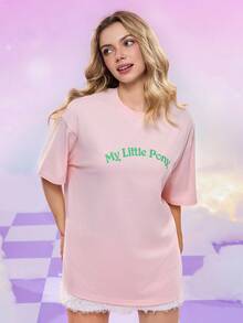 My Little Pony X SHEIN Women's Cute Pony Print Drop Shoulder Short Sleeve T-Shirt, Summer - Pink - View 3