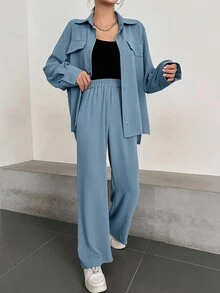 DAZY 秋冬/夏季女款兩件套：藍色寬鬆長袖領口襯衫與鬆緊腰寬腿褲 - 藍色 - 查看 3