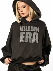 SUMWON WOMEN Oversized Rhinestone Villain Era Statement Hoodie With Drawstring For Women Winter Streetwear - Black - View 6