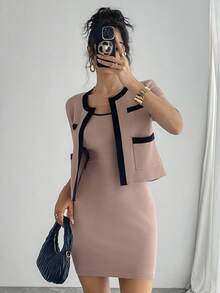 DAZY Women's Elegant Contrast Color Cardigan & Slip Dress 2 Pieces Knit Set, Autumn - Pink - View 5