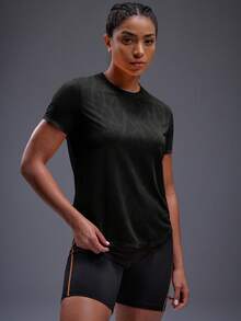Powerista Camiseta deportiva para mujer con estampado geométrico y bajo curvo - Negro - Ver 6