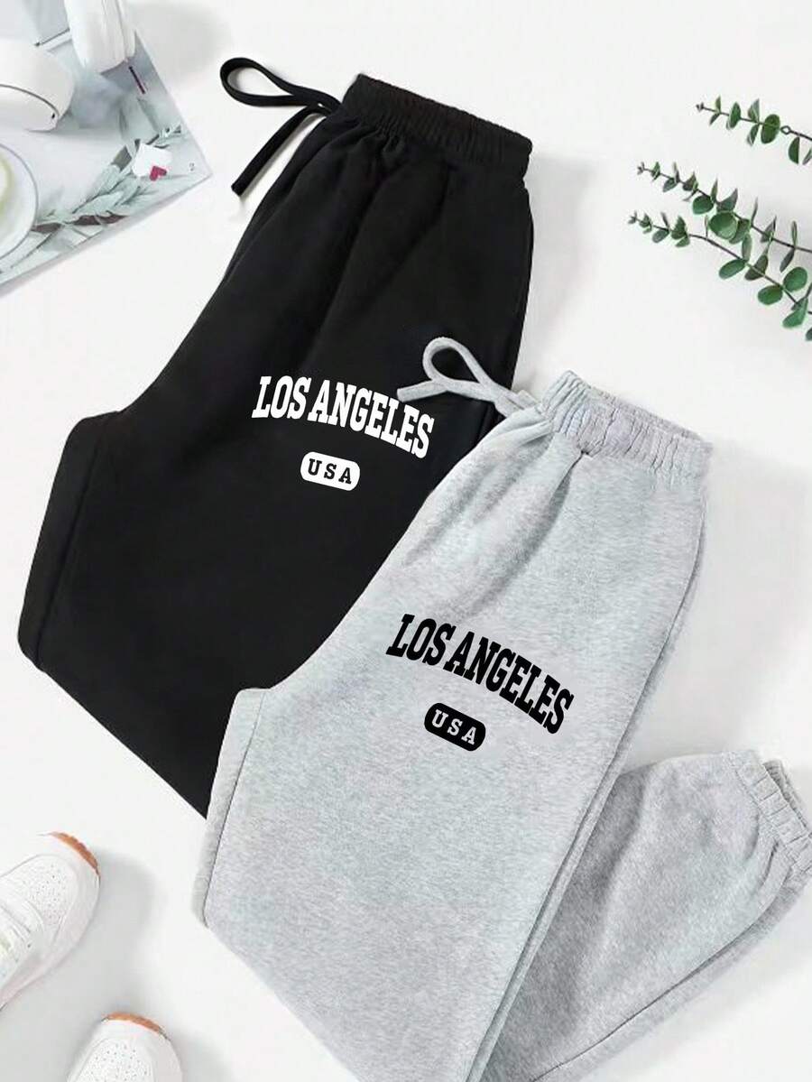 SHEIN LUNE Damen Große Größen Urlaubs Lässig Jogginghose mit Kordelzug und Buchstabe Muster, Herbst/Winter