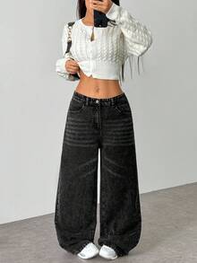 SHEIN ICON 女士口袋宽松阔腿休闲百搭牛仔裤 - 深灰色 - 查看 3