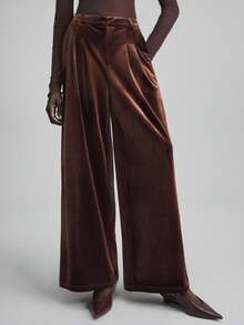 Ontre Women's Espresso Brown Winter Velvet Pants,Elegant Party Shiny Pocket Elastic Waist Wide Leg Trousers,Business Commute Old Money Style Office Wear - Rust Brown - View 3