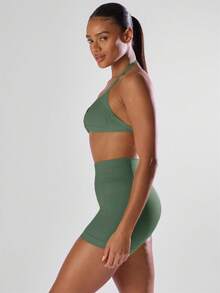 Musera Sport Solid Ruched Bust Open Back Halter Sports Bra, Active Comfy Workout Gym Running Run Club Gym Yoga Pilates Fitness Daily Casual - Army Green - View 4