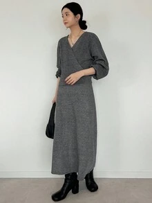 FRIFUL 女士 V 领不对称肩部宽松优质针织毛衣和针织裙 2 件套 - 灰色 - 查看 4
