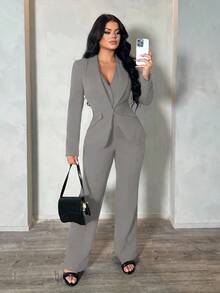 SHEIN SXY 三件套：灰色长袖西装外套、马甲和长裤，通勤和约会的性感套装，秋冬季女士灰色两件套，优雅裤装套装，舒适的秋冬季女装，商务休闲装。 - 灰色 - 查看 4