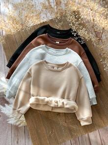 SHEIN Emery Rose Kids 4件組女童素色保暖內裡長袖圓領運動衫，冬季校園簡約衛衣，適合兄弟姊妹搭配，可愛秋季款 - 彩色 - 查看 7