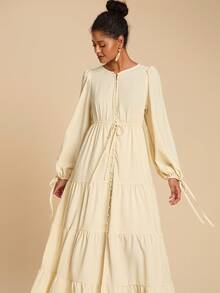 Travachic 度假休闲纯色长袖系带连衣裙 - 杏色 - 查看 1