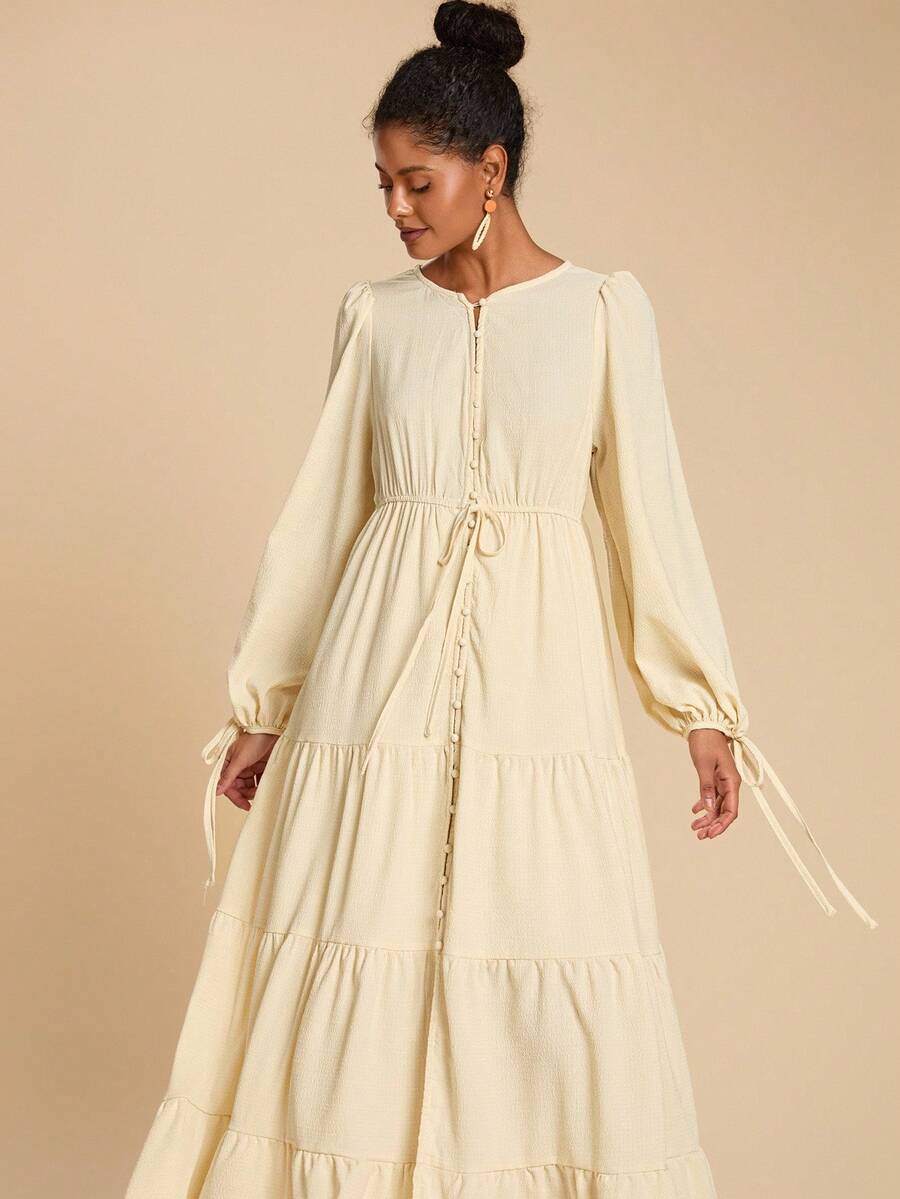 Travachic 度假休闲纯色长袖系带连衣裙 - 杏色 - 查看 1