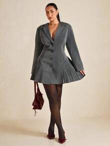 SHEIN BAE 秋冬大码优雅通勤褶皱下摆前扣连衣裙