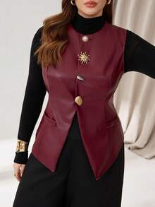 Auralis Christmas Plus-Size Women's Burgundy PU Red Top,Autumn Elegant Formal Metal Buckle Waistcoat,Office Commuting Suit Top,Cute PU Clothing Winter - Burgundy - View 7