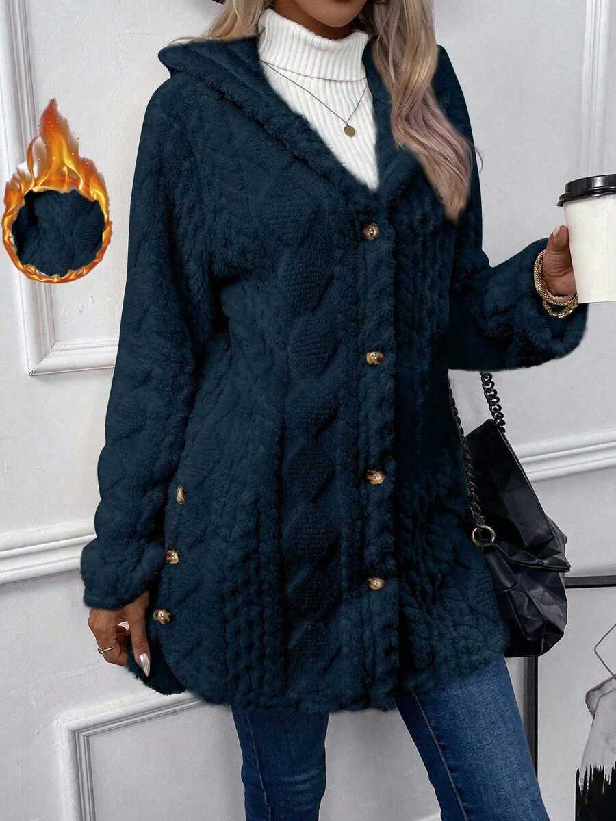 EMERY ROSE Women's Thermal Lined Button-Up Hooded Cardigan, Autumn/Winter - Royal Blue - View 1