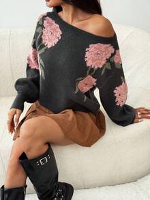 SHEIN PETITE Country Western Floral Intarsia Boat Neck Long Sleeve Knit Sweater, Casual Cute Back To School, Boho, Fall, Autumn, Winter Valentine's Day - Black - View 6