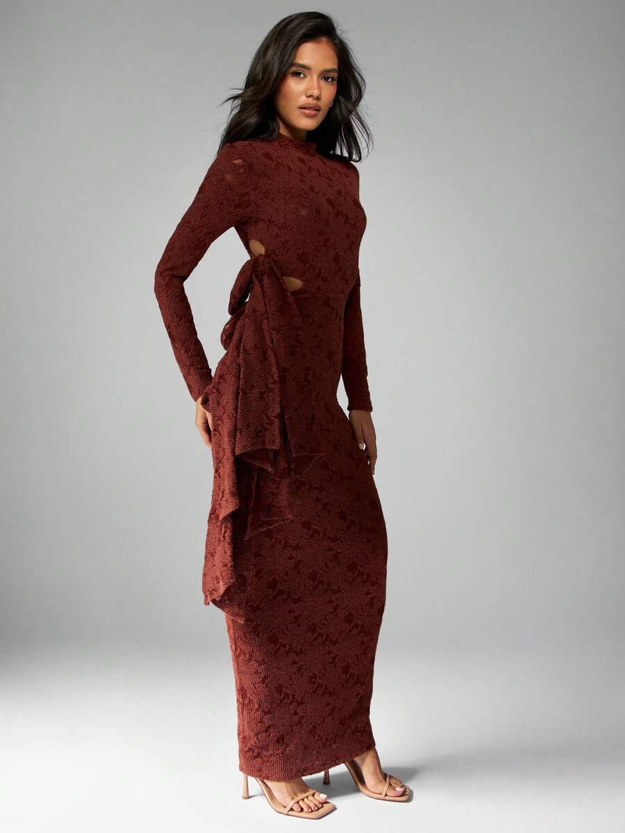 MISSGUIDED Vestido midi de punto texturizado con corte lateral y lazo, de manga larga, para fiestas de otoño e invierno, ceñido al Body, con cuello alto y que favorece la figura - Marrón - Ver 1
